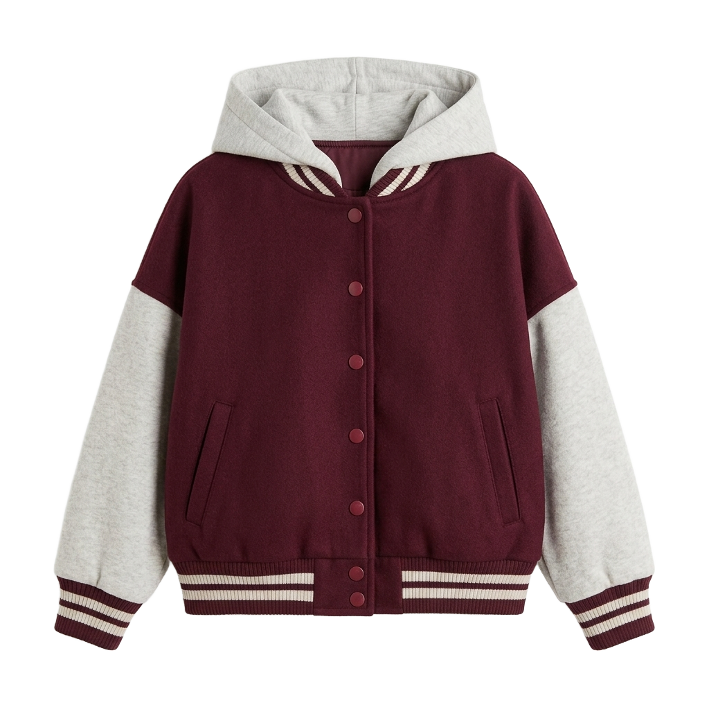 Hooded Contrast Sleeve Varsity Jacket