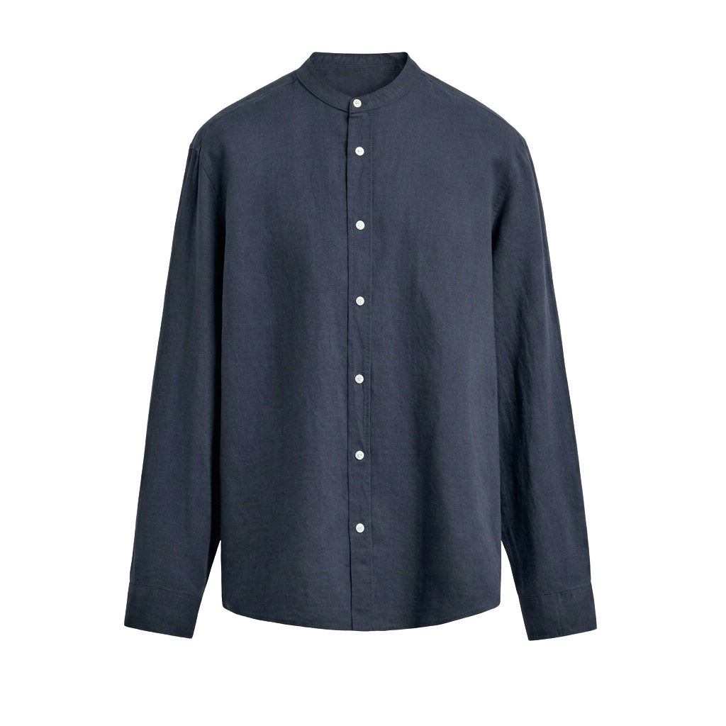 Navy Linen Mandarin Collar Shirt