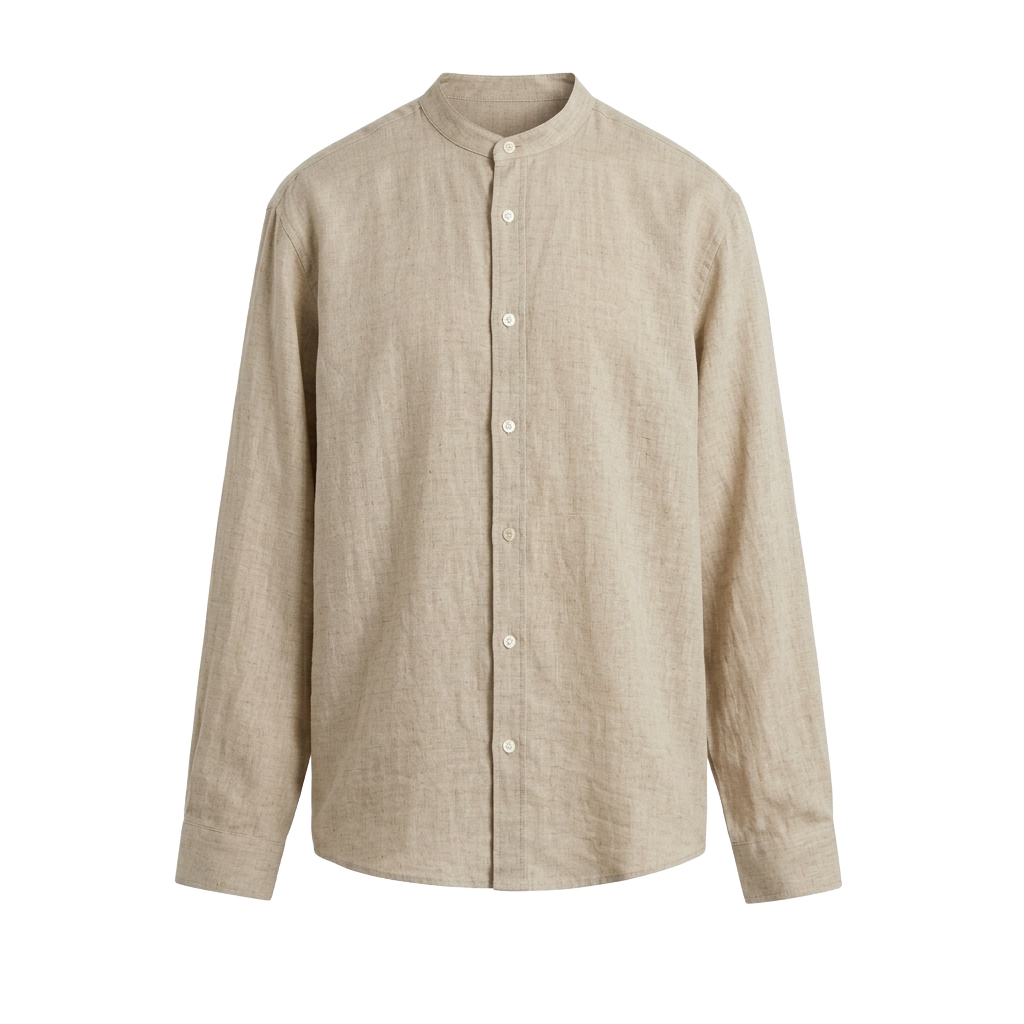 neutral beige Linen Mandarin Collar Shirt