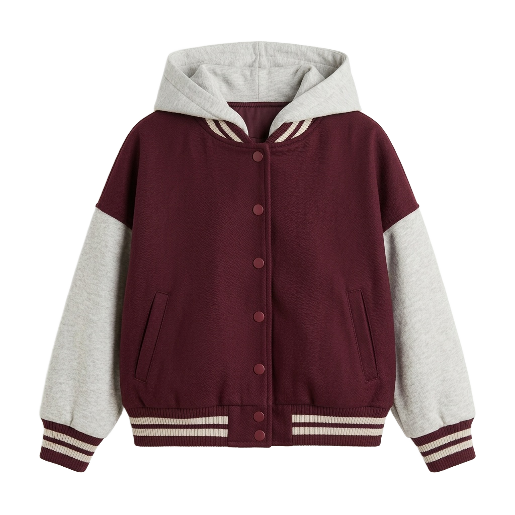 Hooded Contrast Sleeve Varsity Jacket