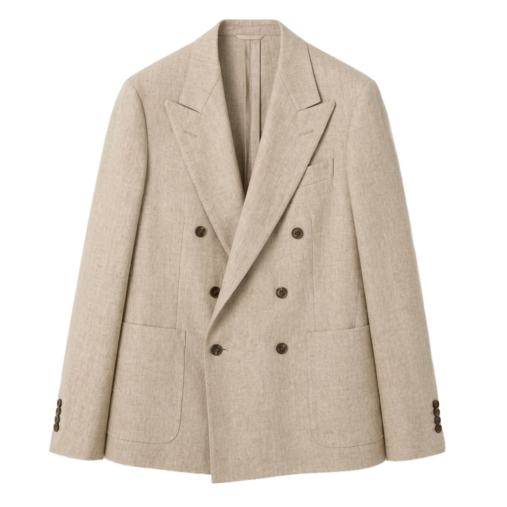 Beige Double-Breasted Linen Blazer