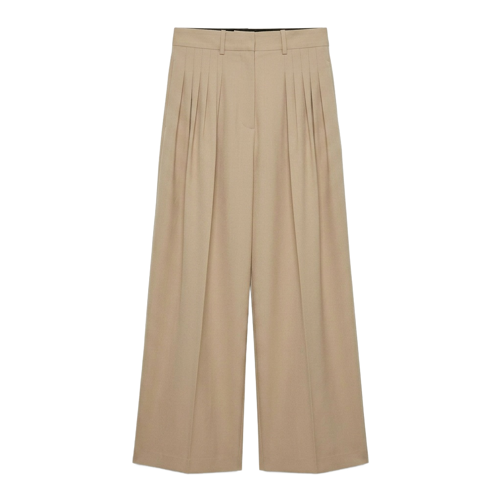 Beige Wide-Leg Pleated Pants