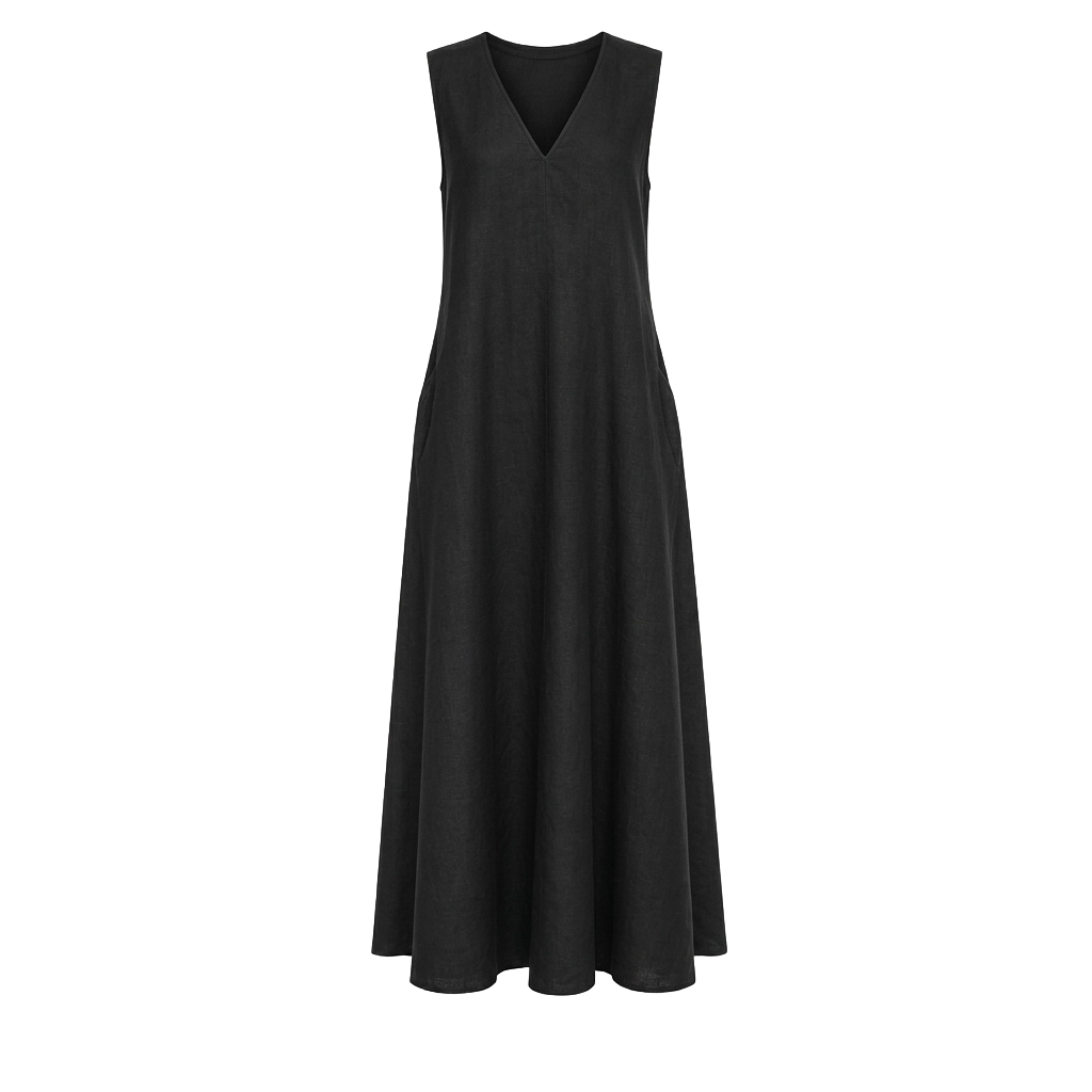 Black Linen V-Neck Maxi Dress