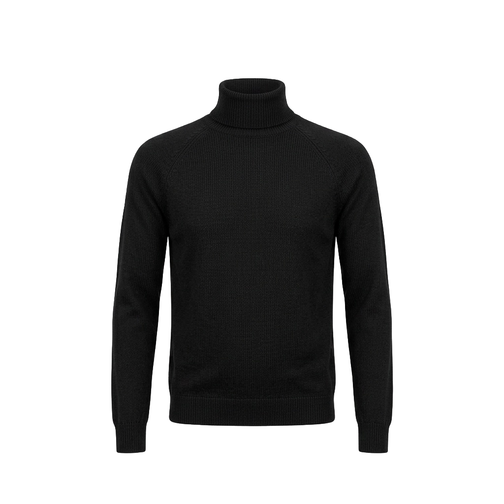 Jet Black Fitted Merino Wool Turtleneck