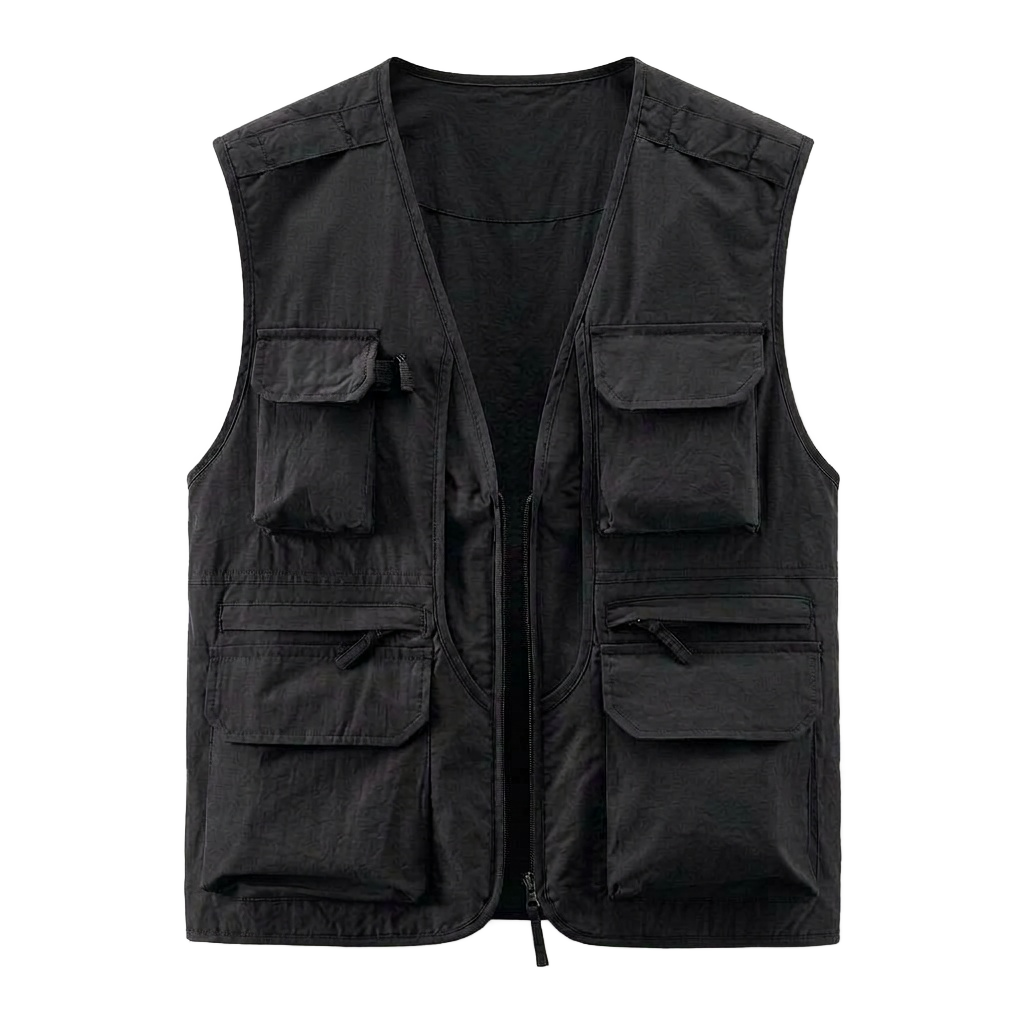 Matte Black Utility Gilet with Dual Zipper Compartments