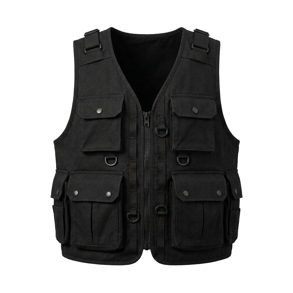 Black Tactical Cargo Vest with D-Ring Details
