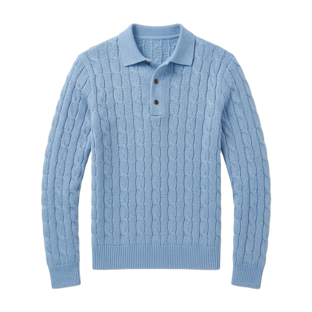 Blue Cable Knit Polo Sweater