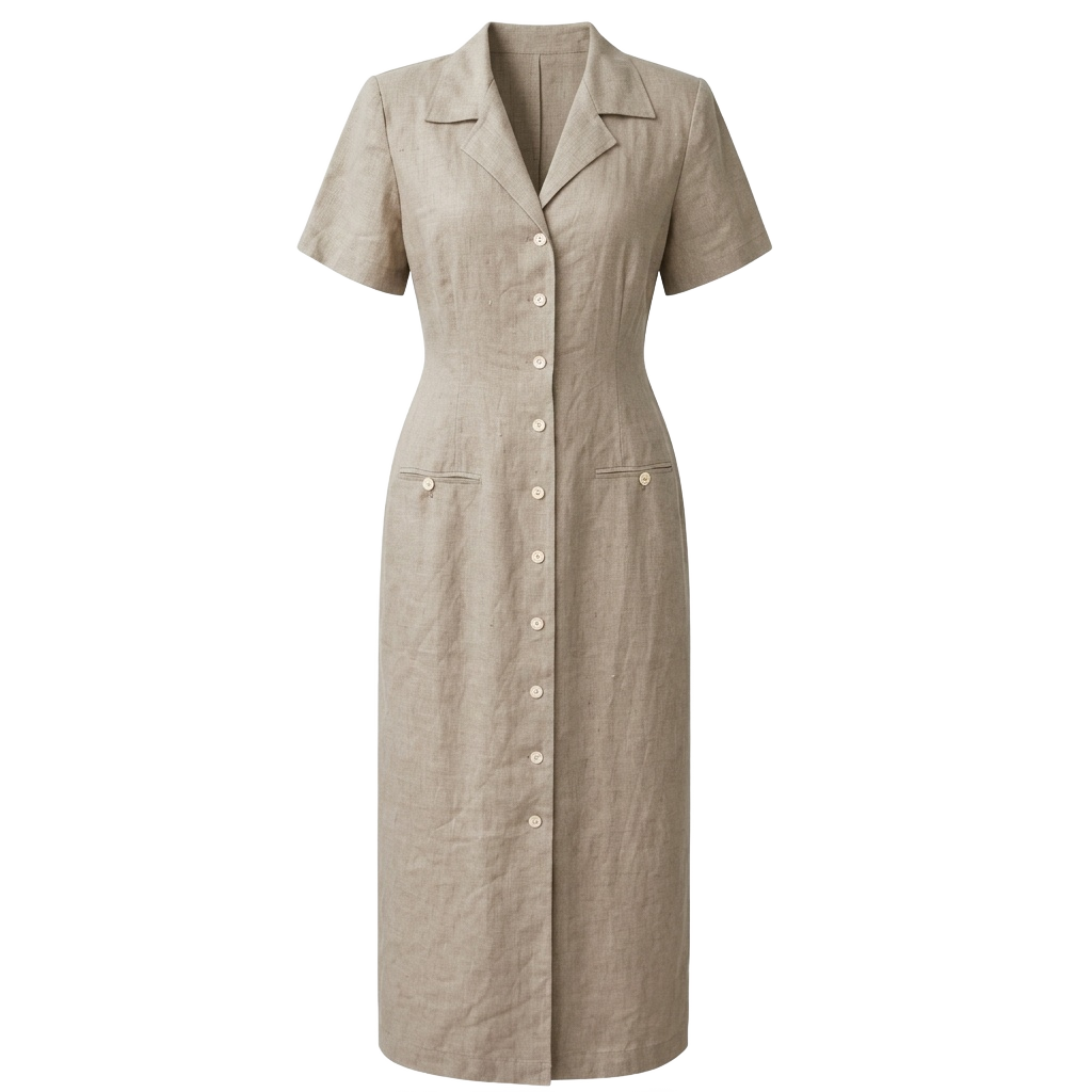 Brown Linen Button-Down Dress