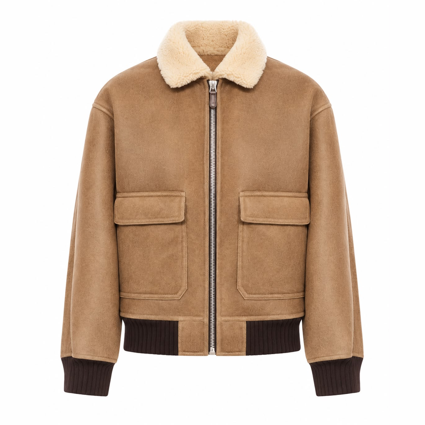 Camel Suede Shearling Bomber