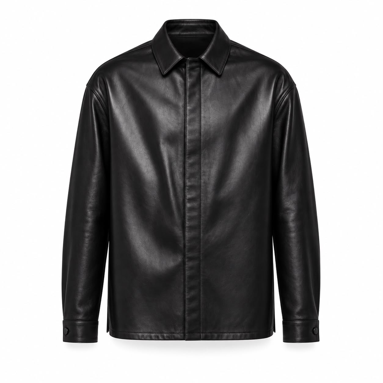 Concealed-Placket Leather Overshirt