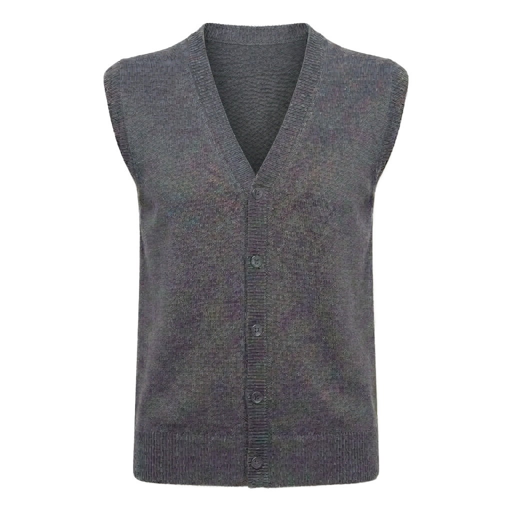 dark charcoal grey v-neck button sweater vest.