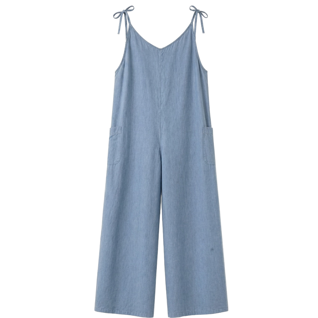 Denim Jumpsuit with Shoulder Tie-Ups.