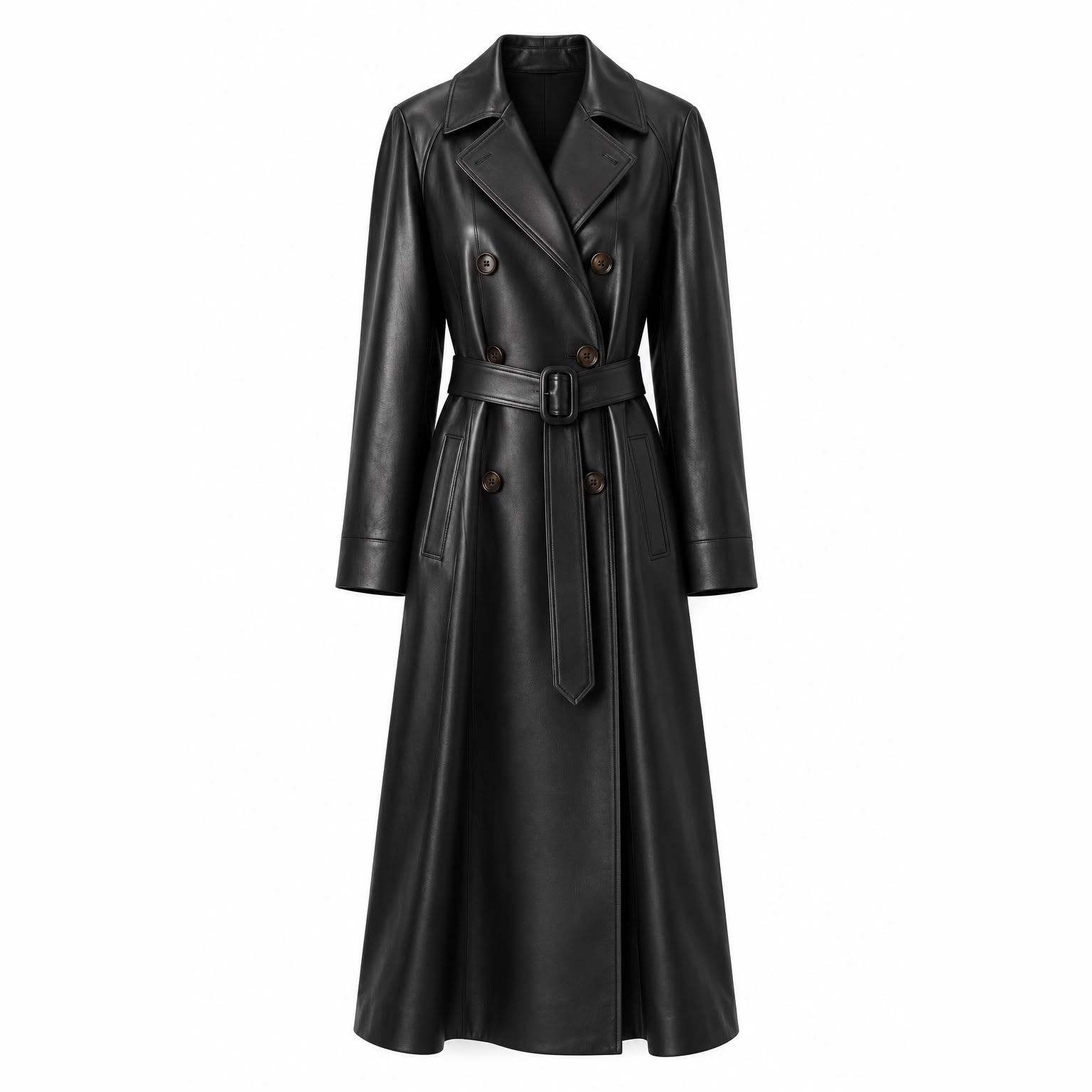 Flared Buckle-Belt Leather Trench