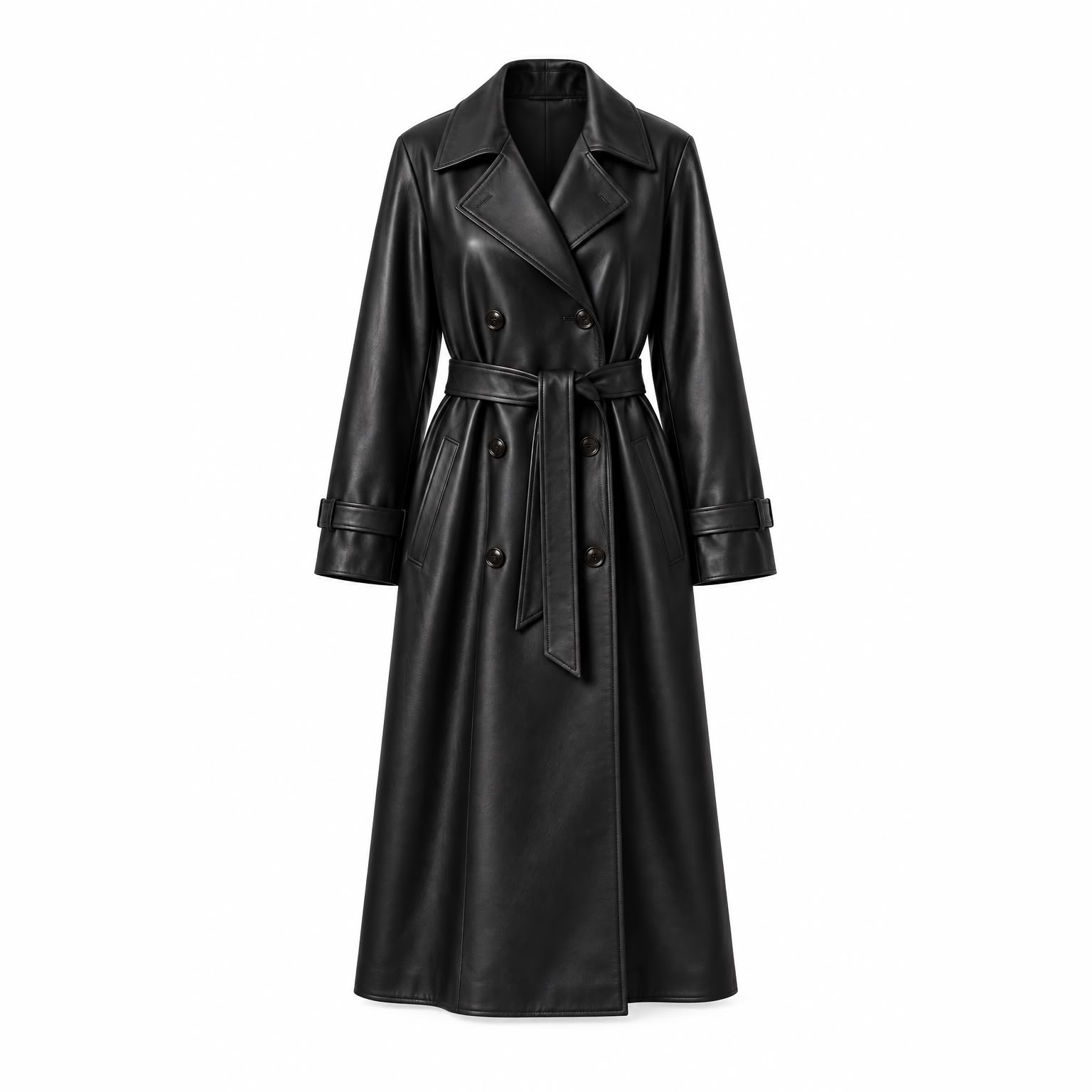 Long Tie-Belt Leather Trench