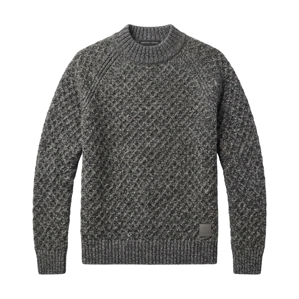Marled Grey Waffle-Knit Mock Neck Sweater / Chunky Honeycomb-Stitch Raglan Sweater