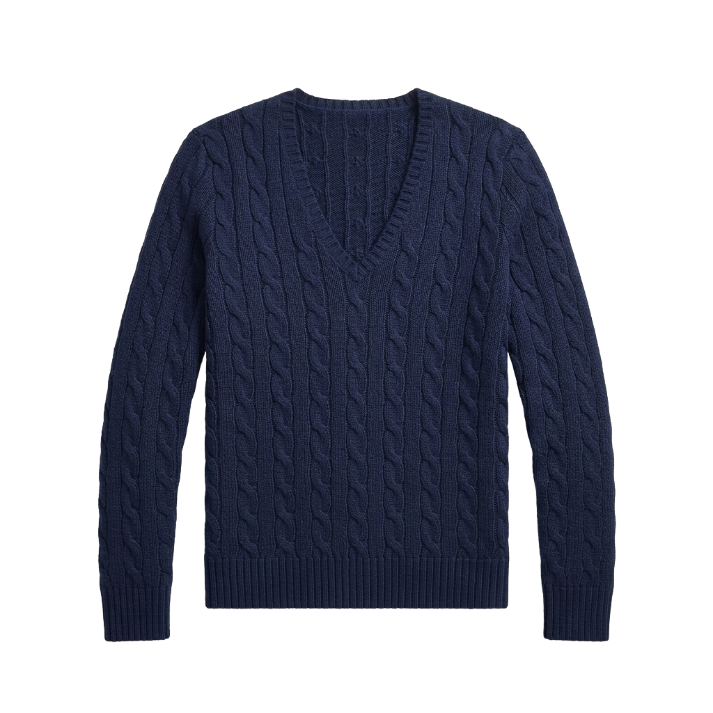 Navy Cable Knit V-Neck Sweater