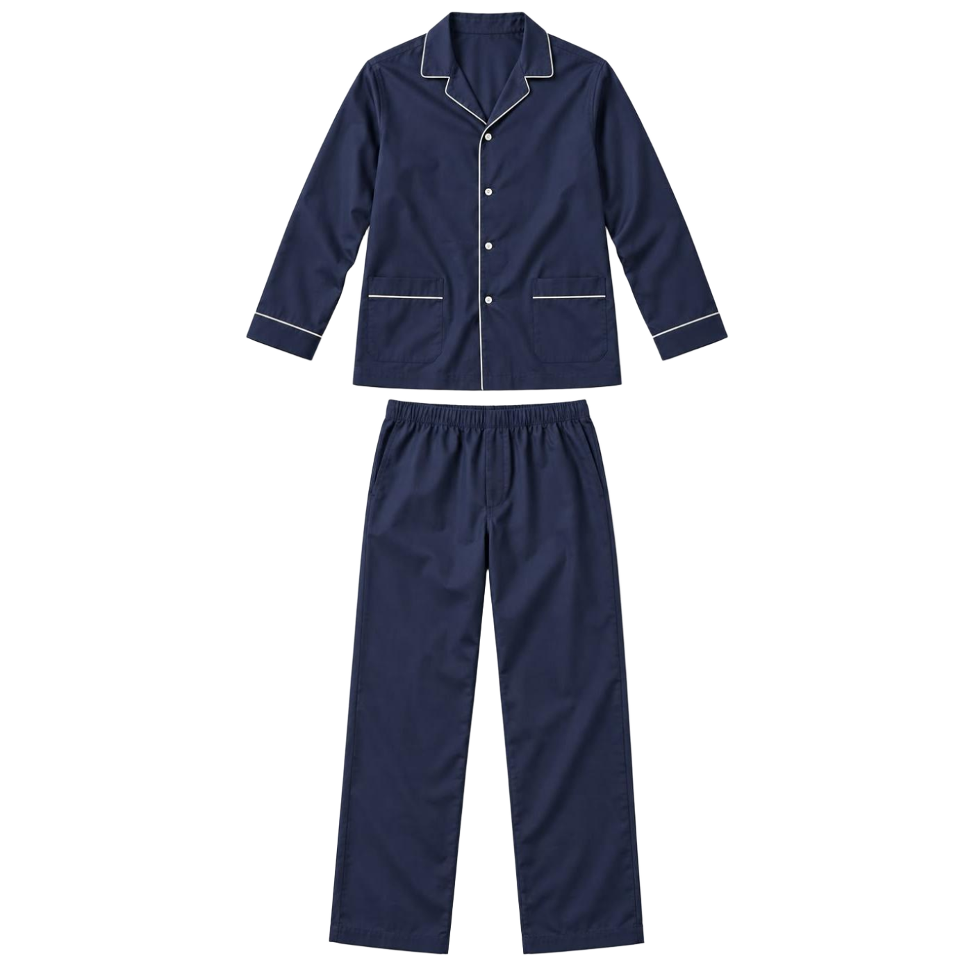 Navy Contrast-Piped Long Pyjama Set