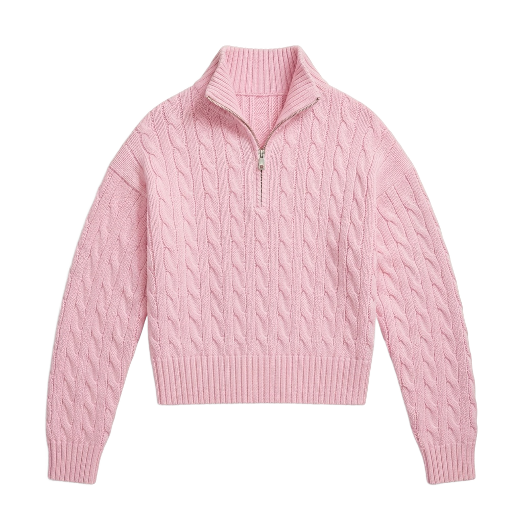 Pink Cable Knit Quarter-Zip Sweater